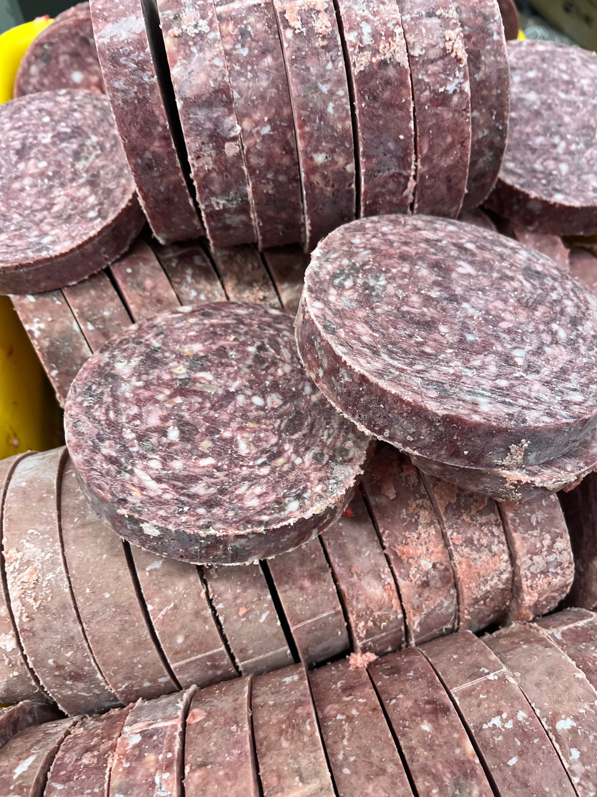 Available for sale in our Vernon and Salmon Arm locations. Frozen raw dog food pucks. 