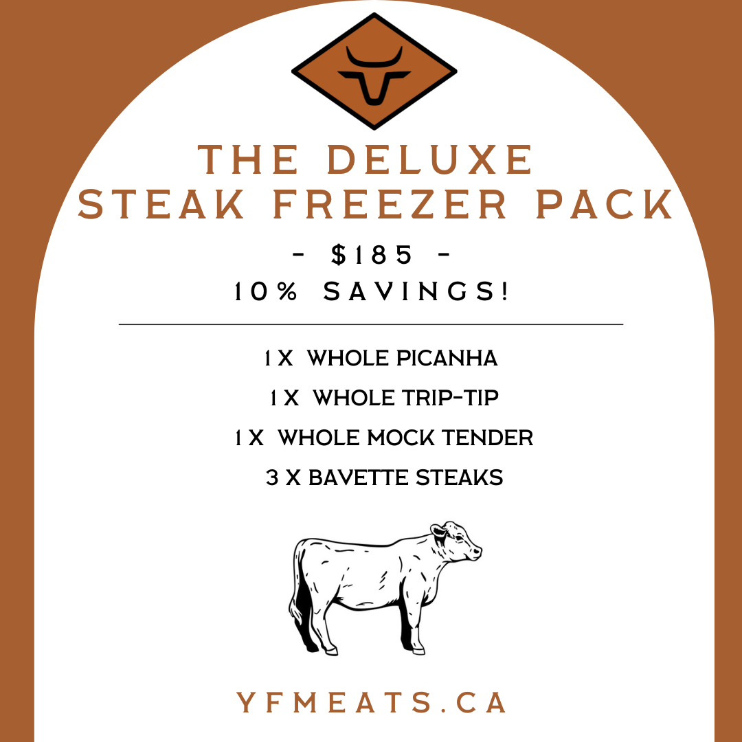 Discounted local steaks. Freezer pack with whole picanha, whole trip tip, whole mock tender and Bavette steaks.