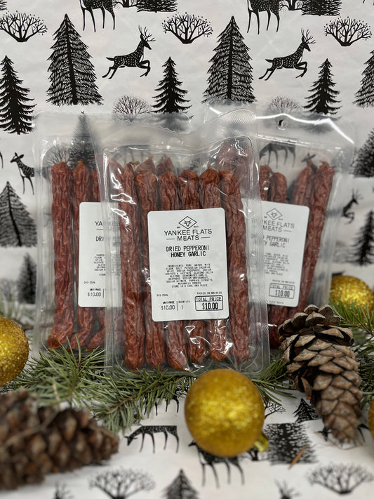 Delicious dried pepperoni slices from Yankee Flats Meats, ideal for charcuterie boards or on-the-go snacks